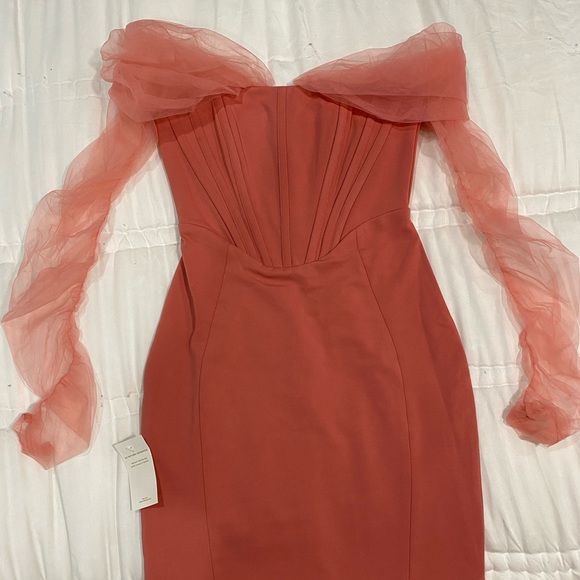 Zofia Salmon Off Shoulder Mesh Sleeve Corset Dress - Picture 2 of 6